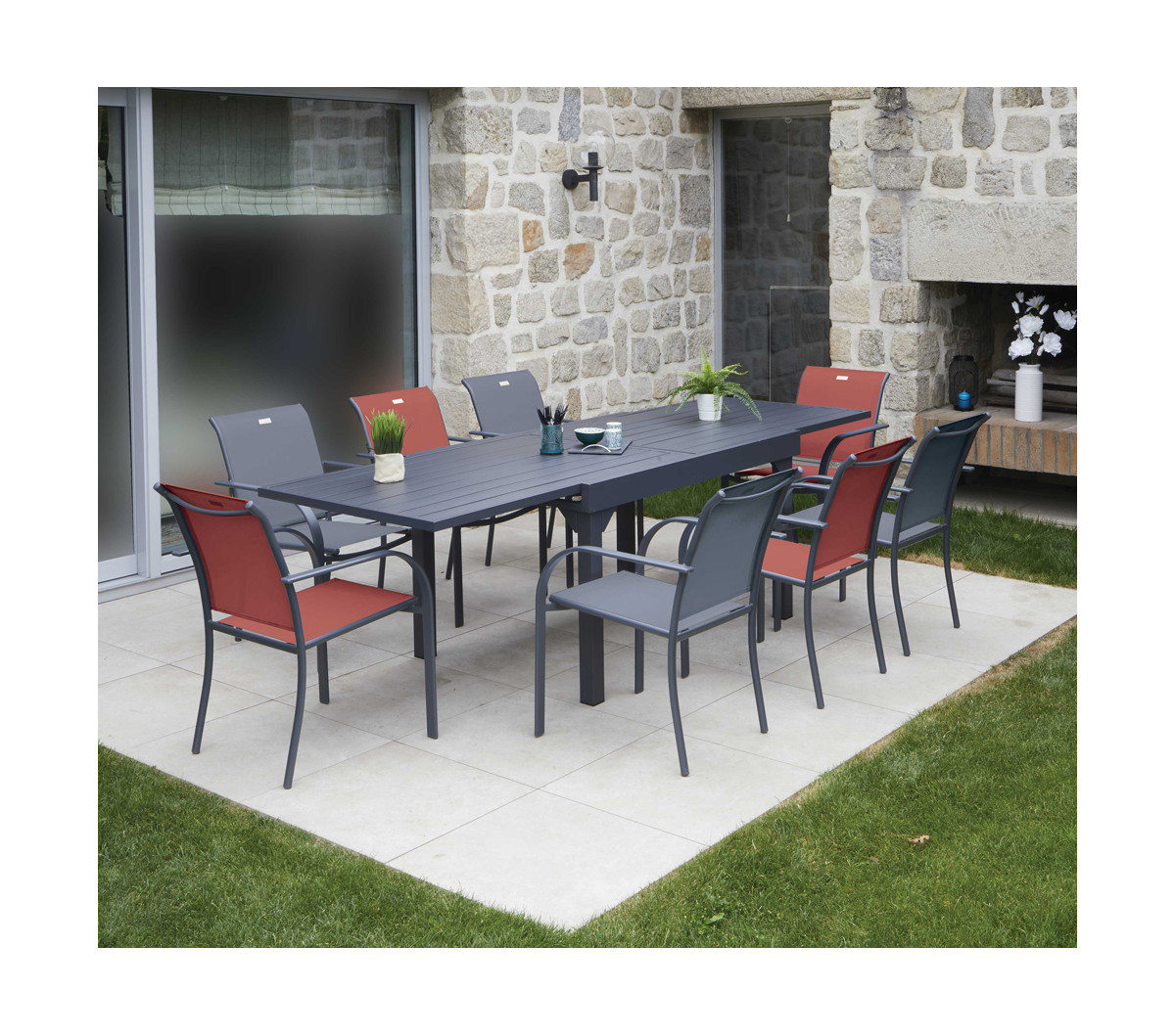 Table + chaises jardin XXL - Aluminium GRIS Graphite - MOBILIER DE