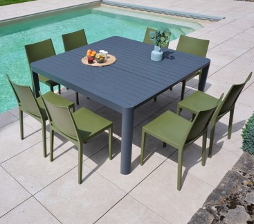 MIMAOS - Ensemble table et chaises de jardin - 8 places - Vert Olive