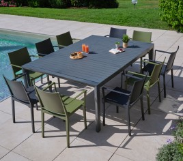 MIMAOS XL - Ensemble table et chaises de jardin - 10 places - Gris Anthracite et Vert olive