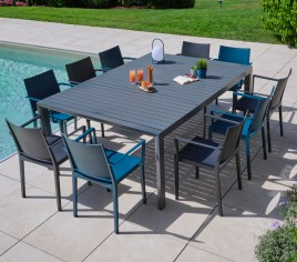 MIMAOS XL - Ensemble table et chaises de jardin - 10 places - Gris Anthracite et Bleu saphir