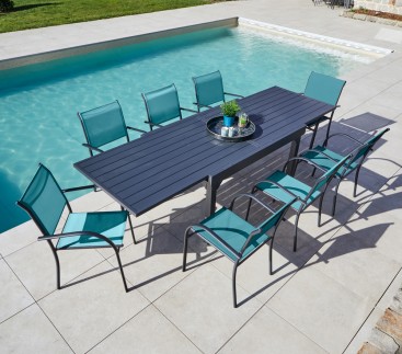 HONFLEUR XL BEZIERS - Ensemble table et chaises de jardin - 8 places - Bleu Canard